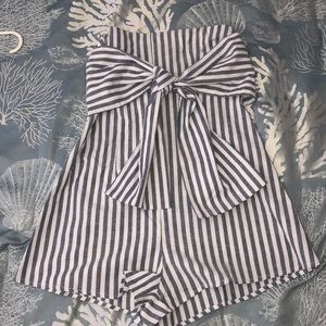 Blue and white striped strapless romper